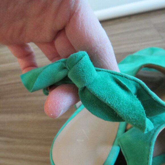 ANTHROPOLOGIE Bow Back Wooden Wedge Peeptoe Sandals in Kelly Green - Size US 10 - Picture 12 of 16